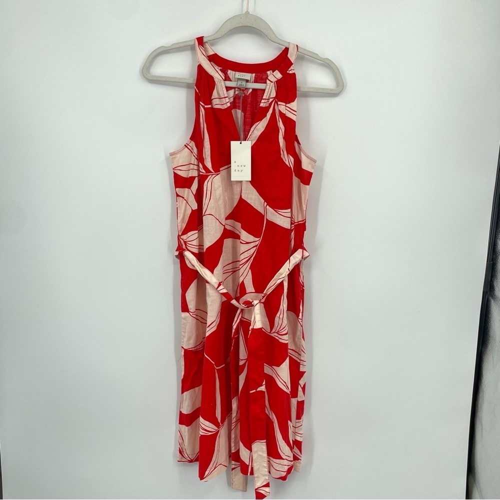 NWT A New Day Dress Tie Waist Red & White Shirtdress tropical floral Sz S